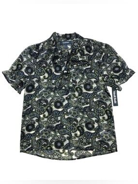 ModCloth NEW blouse blue white paisley semi-sheer short sleeve tie neck Small